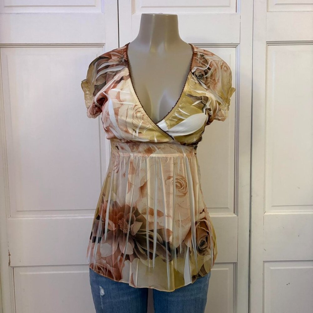 Y2K Body Central Sheer Floral Tie Back Babydoll Top